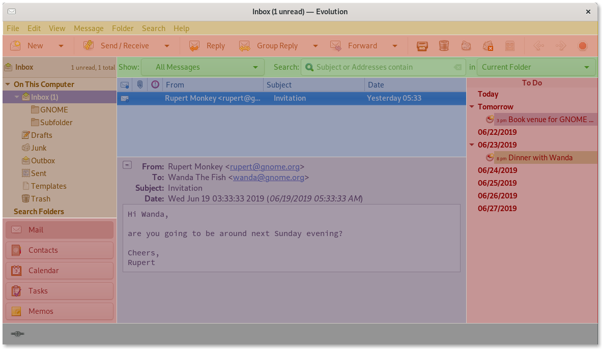Главное окно почты Evolution